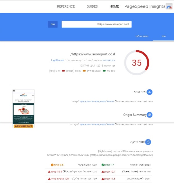 בדיקת מהירות אתר Google Pagespeed Insights