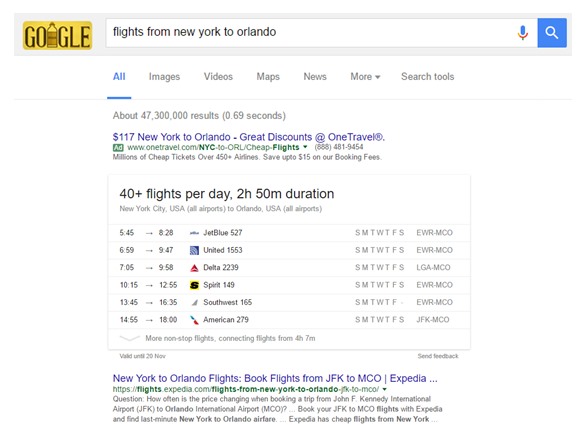 תשובה לשאילתה בתוצאות החיפוש של גוגל על טיסות בין ניו יורק לאורלנדו