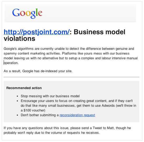 גוגל מענישים את אתר PostJoint