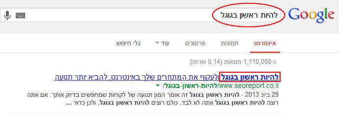 גוגל מדגיש את מילות המפתח שחיפש המשתמש בכותרת הדף